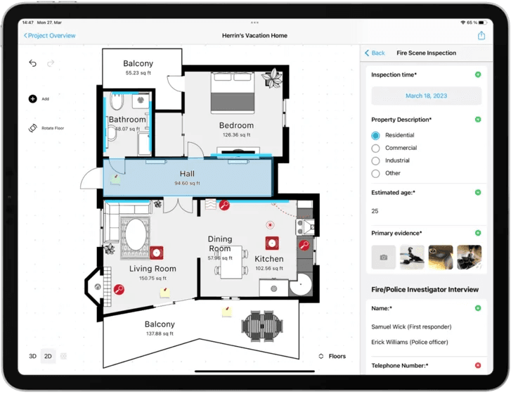 magic plan fire scene inspection showing annotated floor plan, evidence markers, and investigator notes