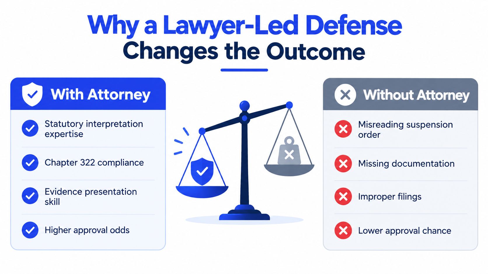 A comparison chart showing the benefits of hiring an attorney versus representing oneself in legal proceedings.