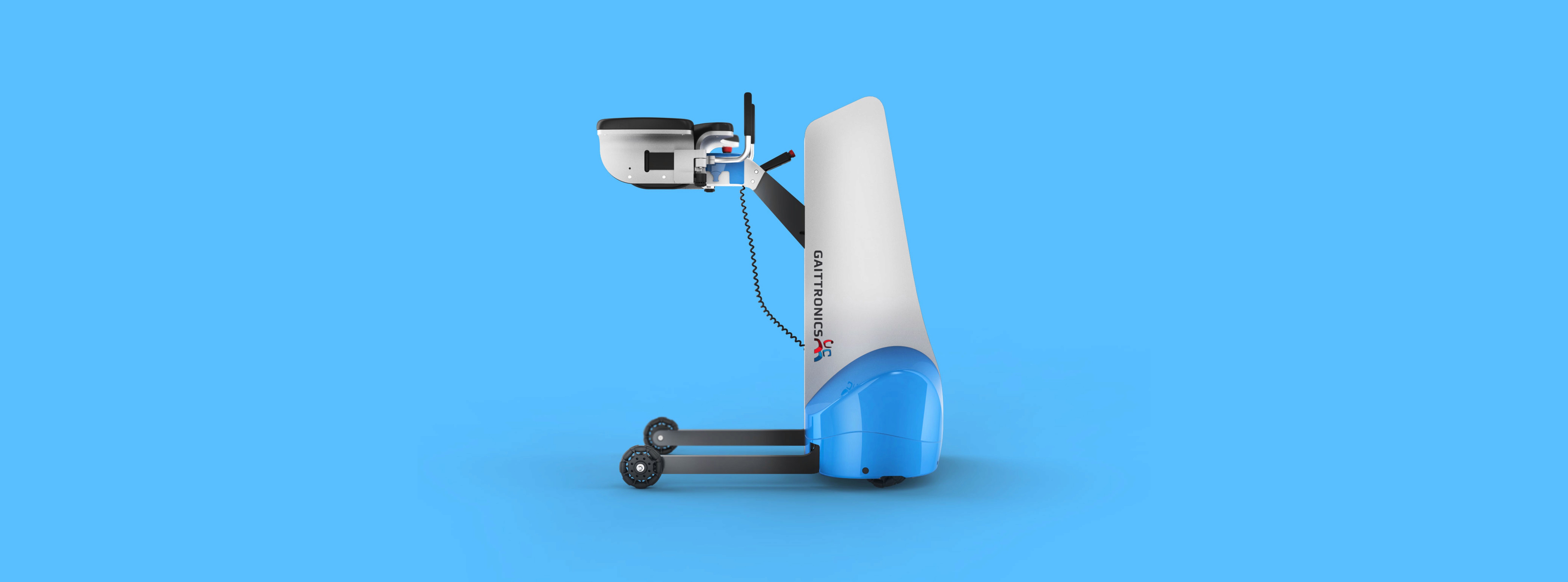 Robotically assisted walker in white and blue, designed to provide mobility support with advanced features for enhanced stability and ease of use.