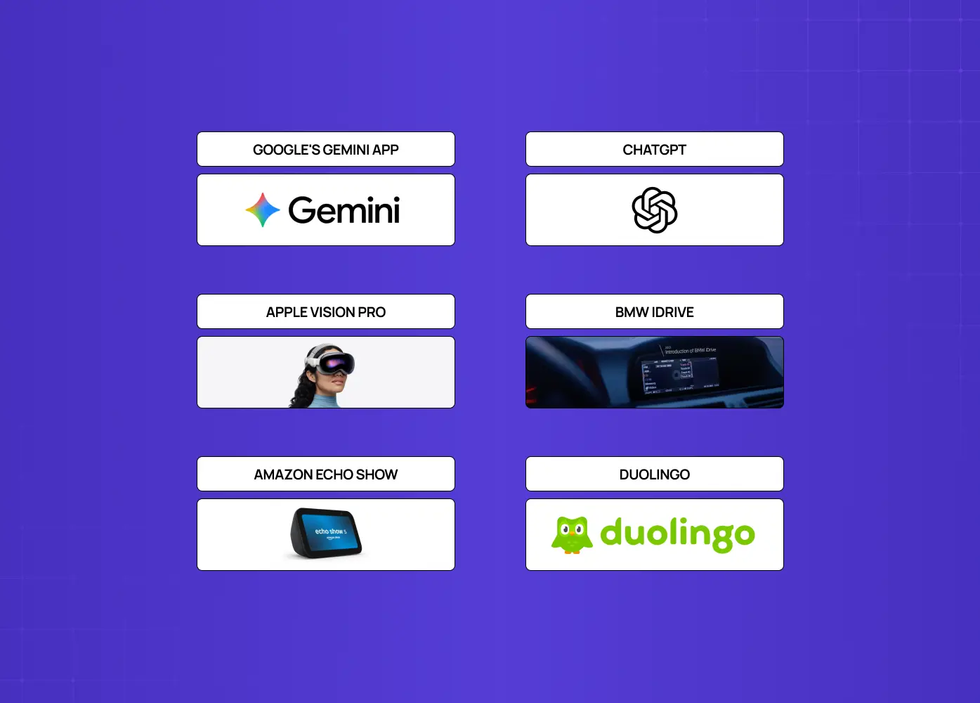 Shows multimodal experiences from Google Gemini, ChatGPT, Apple Vision Pro, BMW iDrive, Amazon Echo Show, and Duolingo.
