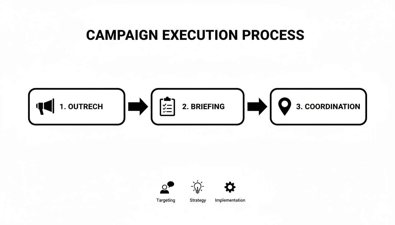 A diagram illustrating the campaign execution process with three sequential steps: outreach, briefing, and coordination.