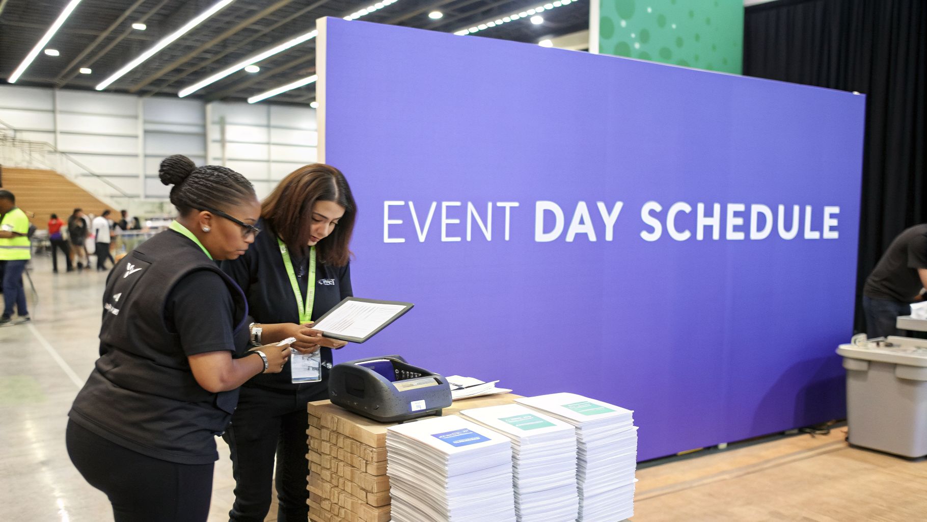 Two women at a registration desk, reviewing a schedule for an event day.