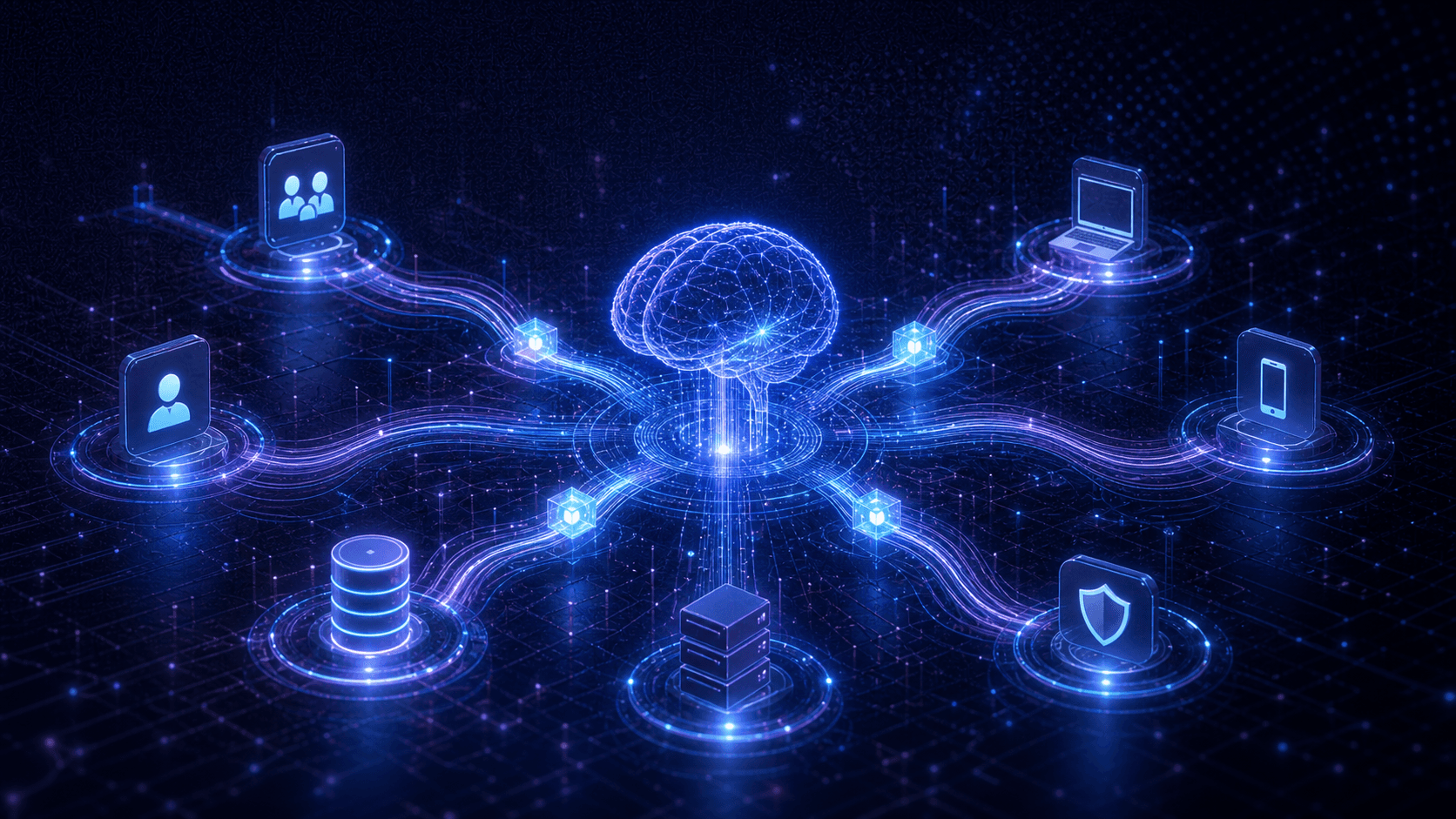 A futuristic digital operations center with interconnected glowing nodes and data streams flowing between abstract system icons representing identity management, device management, and HR platforms. An AI brain or neural network at the center autonomously routing and completing tasks through illuminated pathways, with no human figures in the loop. Cool blue and purple color palette with a dark background, clean and modern tech aesthetic.