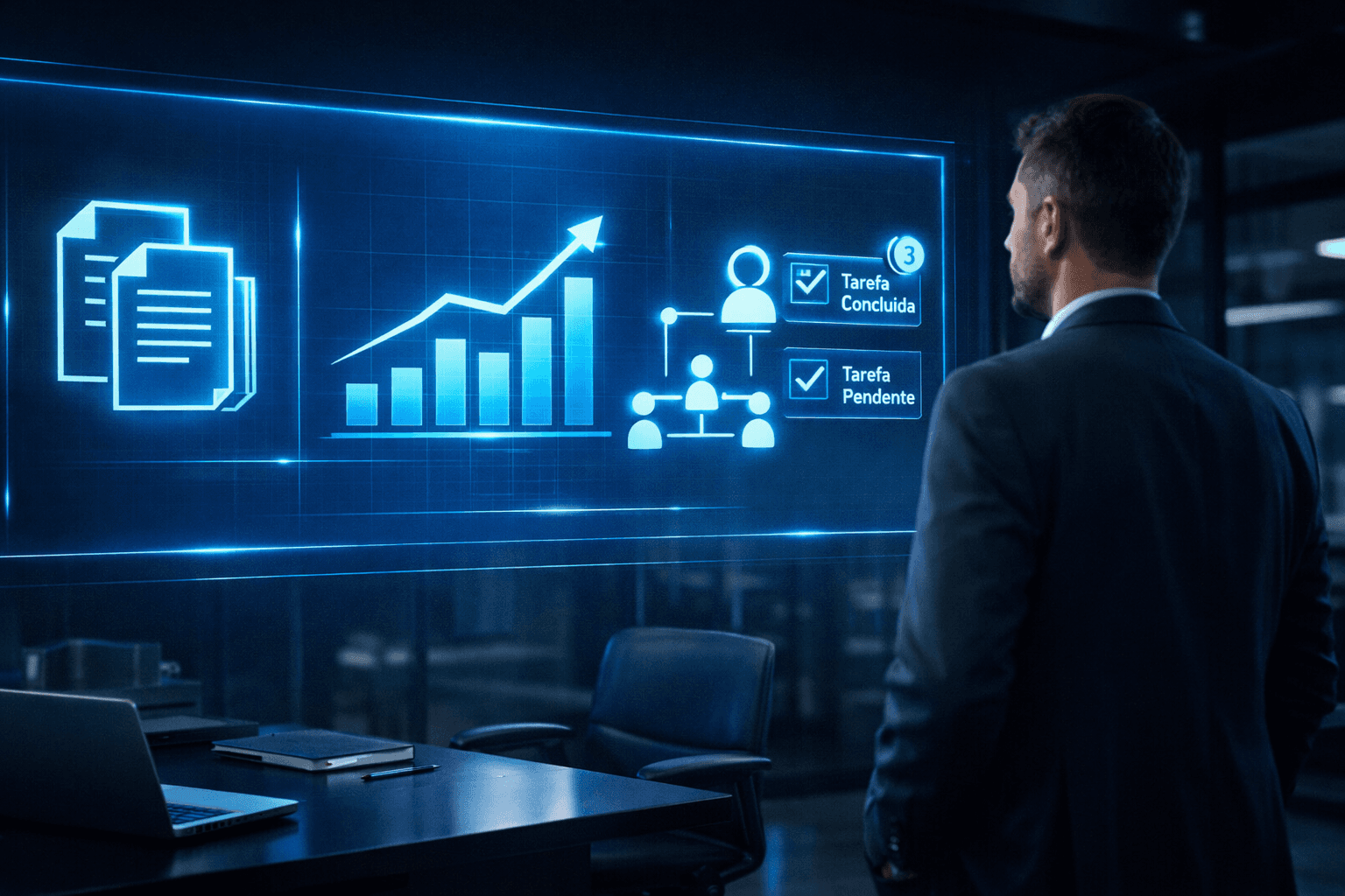 Gestor em escritório corporativo moderno analisando um painel holográfico digital com documentos, gráfico de desempenho, estrutura de rede e notificações de tarefas, representando organização, controle e gestão centralizada em ambiente empresarial futurista.