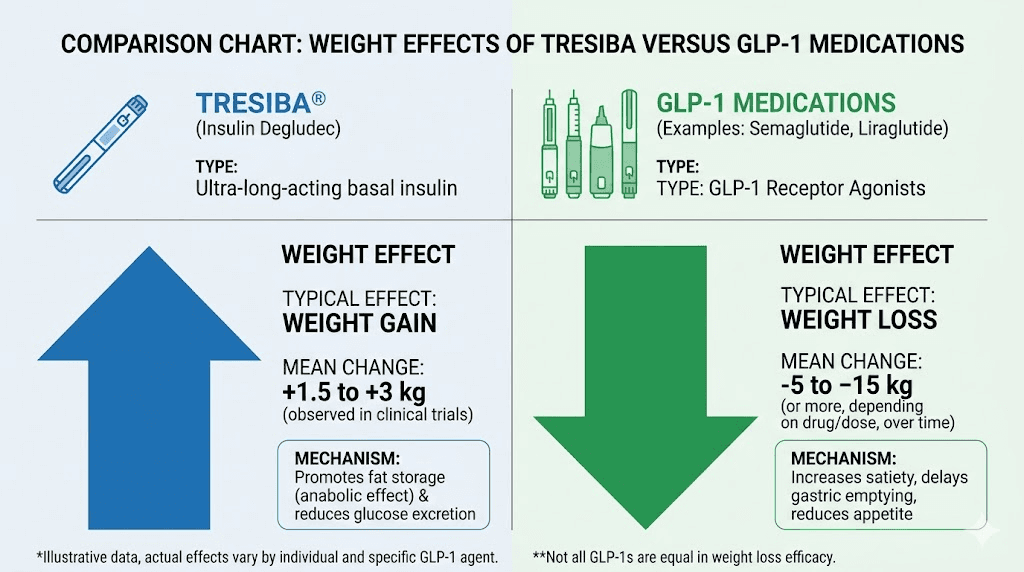 Weight change comparison between Tresiba insulin and GLP-1 receptor agonists