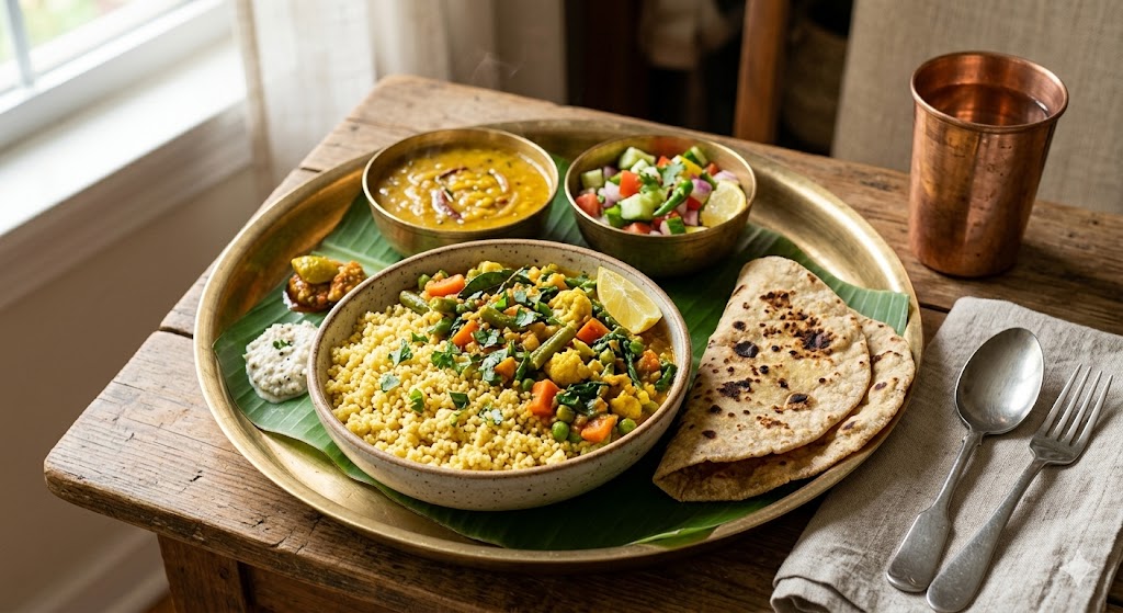 A top-down view of a traditional Indian meal served on a rustic wooden table. It features three bowls: a colorful millet-based salad with mixed vegetables and herbs, a savory millet pulao with mixed vegetables, and a serving of lentil curry with millet upma. A basket holds several thin, round millet rotis (flatbreads), garnished with chopped cilantro. Natural daylight and warm tones create a home-style, healthy vegetarian dining experience.