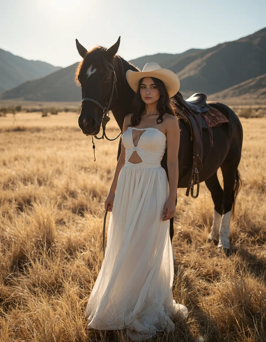 Elegant white gown and cowboy hat against golden field backdrop with dark horse, mountains in distance during sunset glow