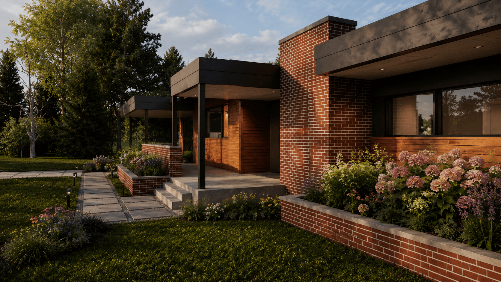 Mid-century modern custom home with brick exterior, flat roof forms, expansive glazing, and thoughtfully integrated landscape design.