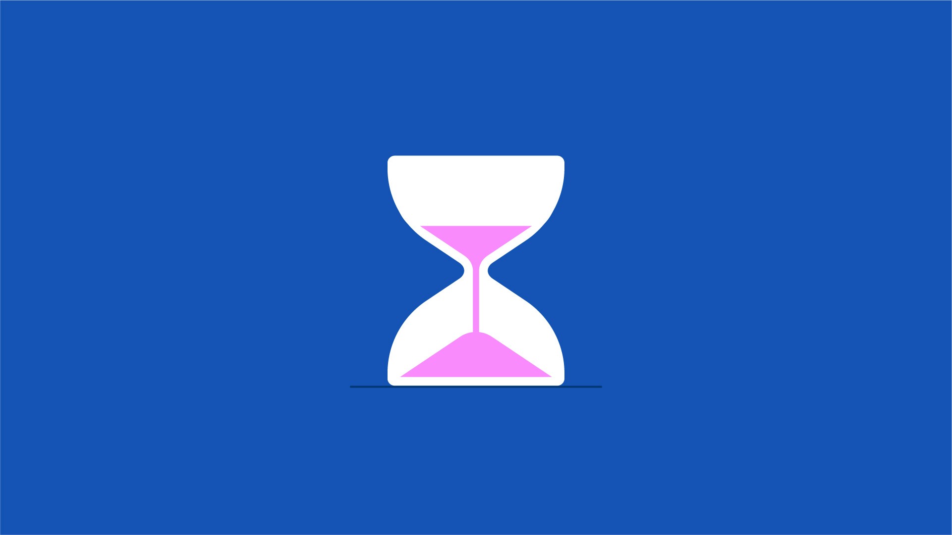 Simplified hour glass with two colors, white and pink for the sand and a blue background.