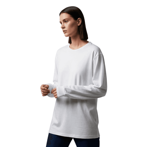 Angled long-sleeve t-shirt mockup on female model