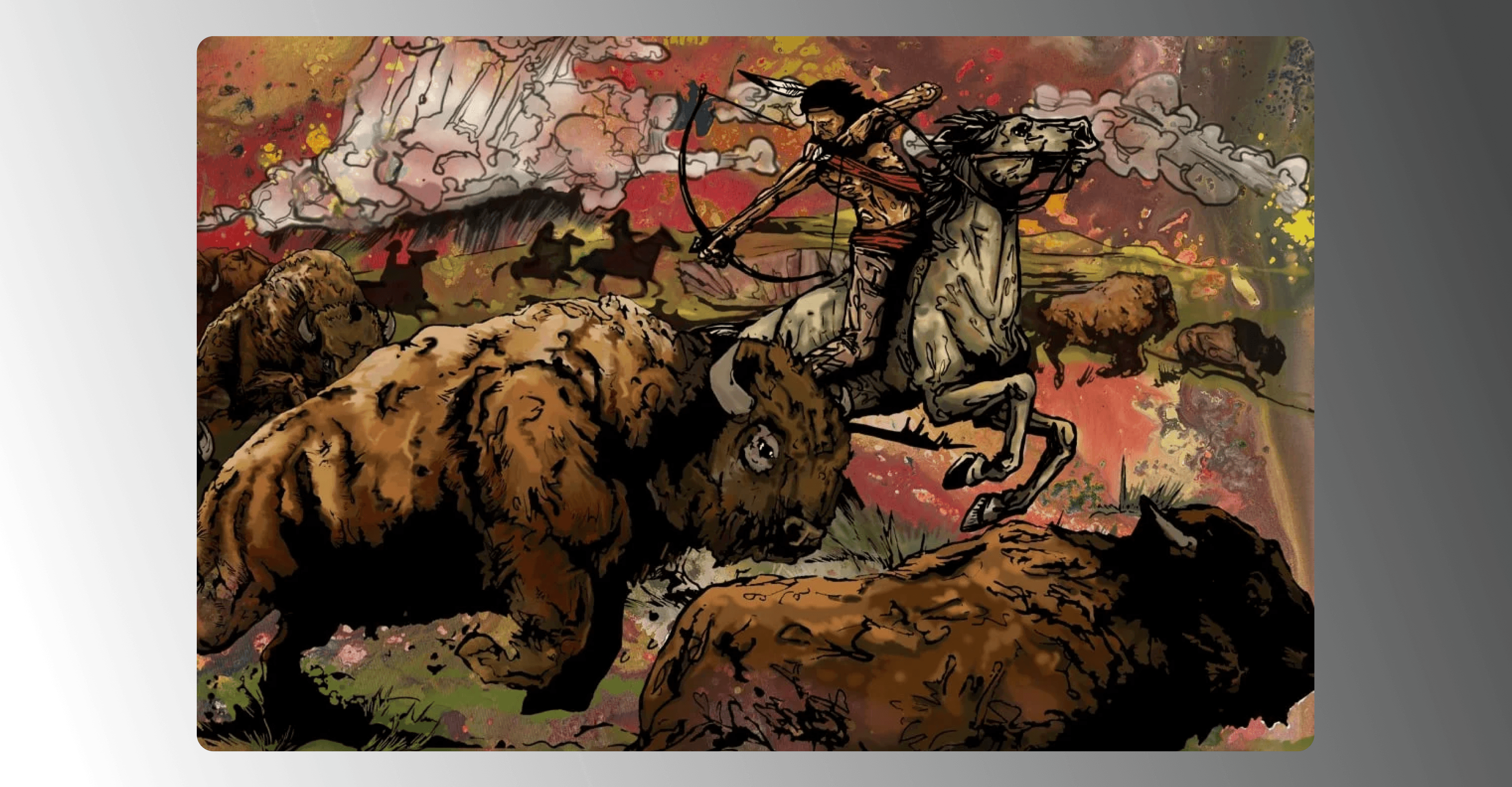 The painting, "hollow bones" where two bison are running to the right of the painting while an indigenous person riding a white horse shoots arrows down toward them. In the background are more horses and an abstract red sky.