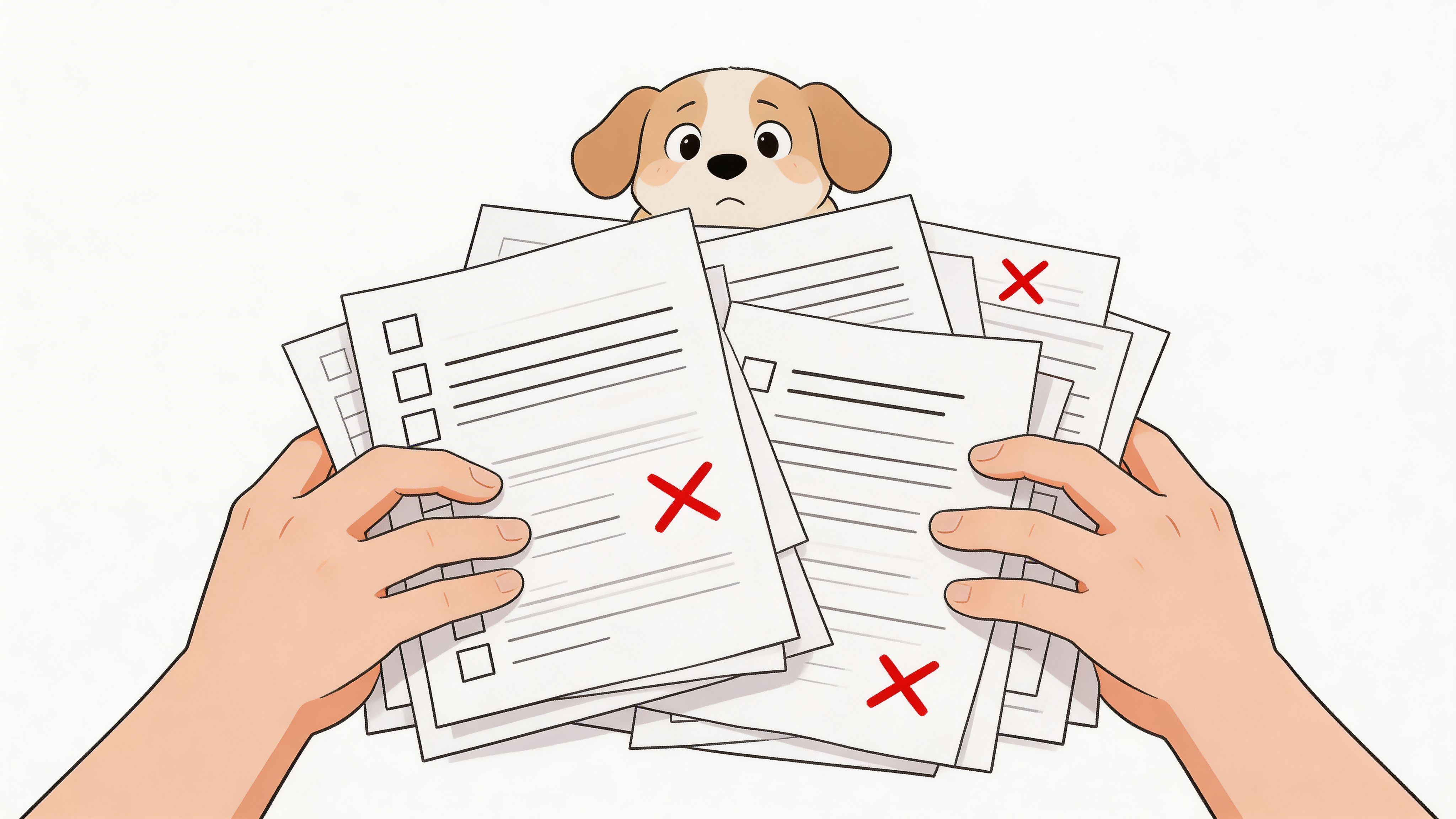 A cute cartoon dog peeking over a stack of veterinary health certificate forms held by two hands.