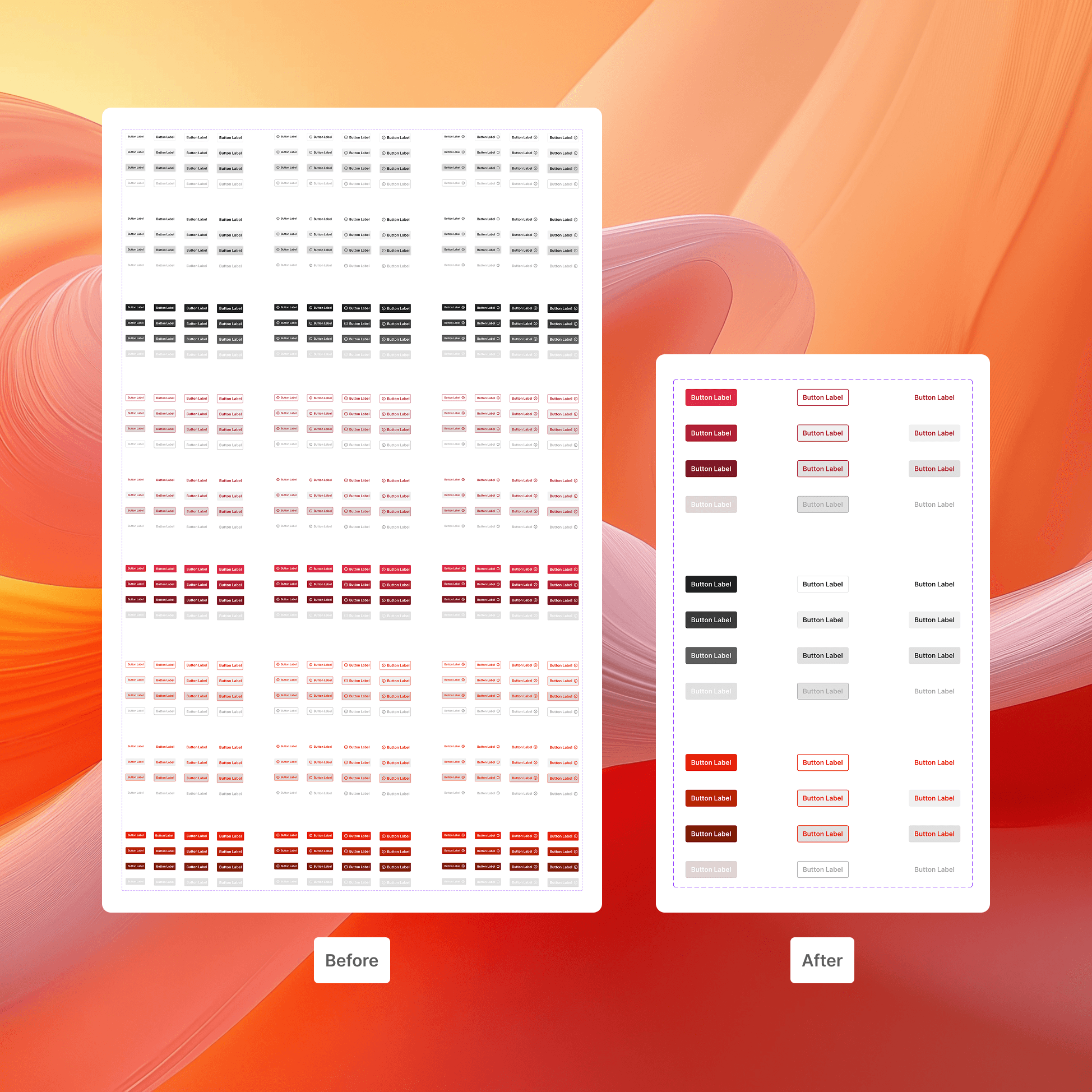 The image displays a user interface of a design token management system with sections for color, number, and type tokens, as well as responsive breakpoints, against a swirling red and orange background.