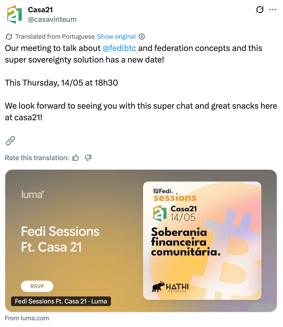 Casa21 social media post announcing Fedi Sessions event on May 14 focused on Fedimint protocol and community financial sovereignty