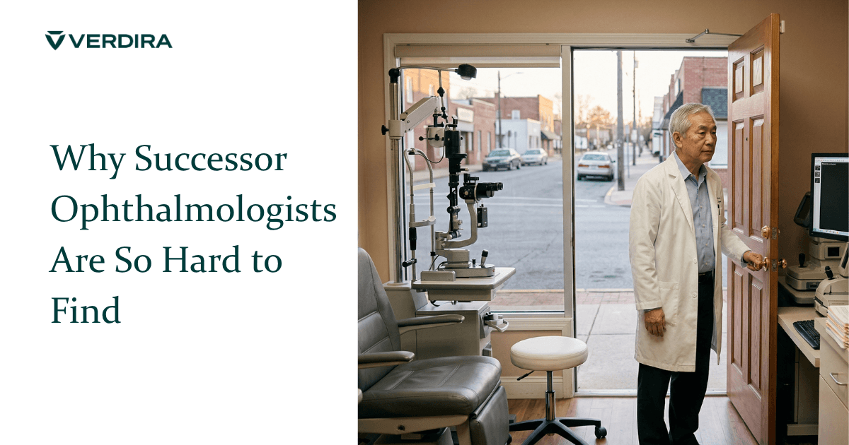 Older ophthalmologist standing in practice doorway looking out at empty street waiting for a successor physician