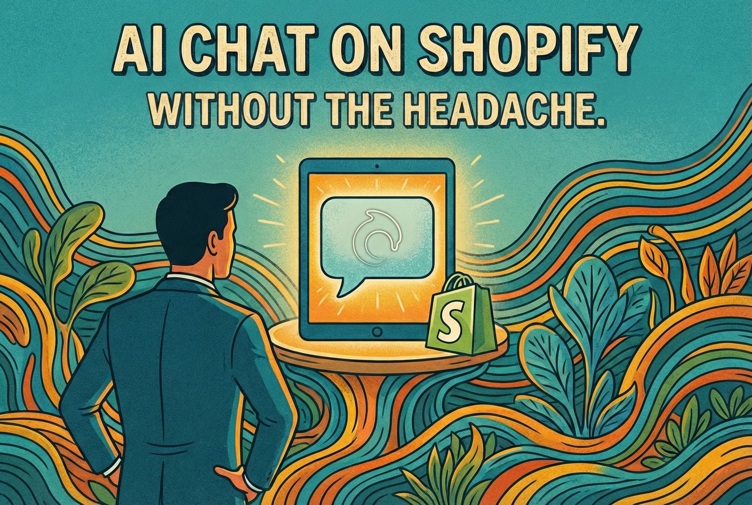 Illustration of a merchant using AI chat on Shopify to handle customer support without added complexity