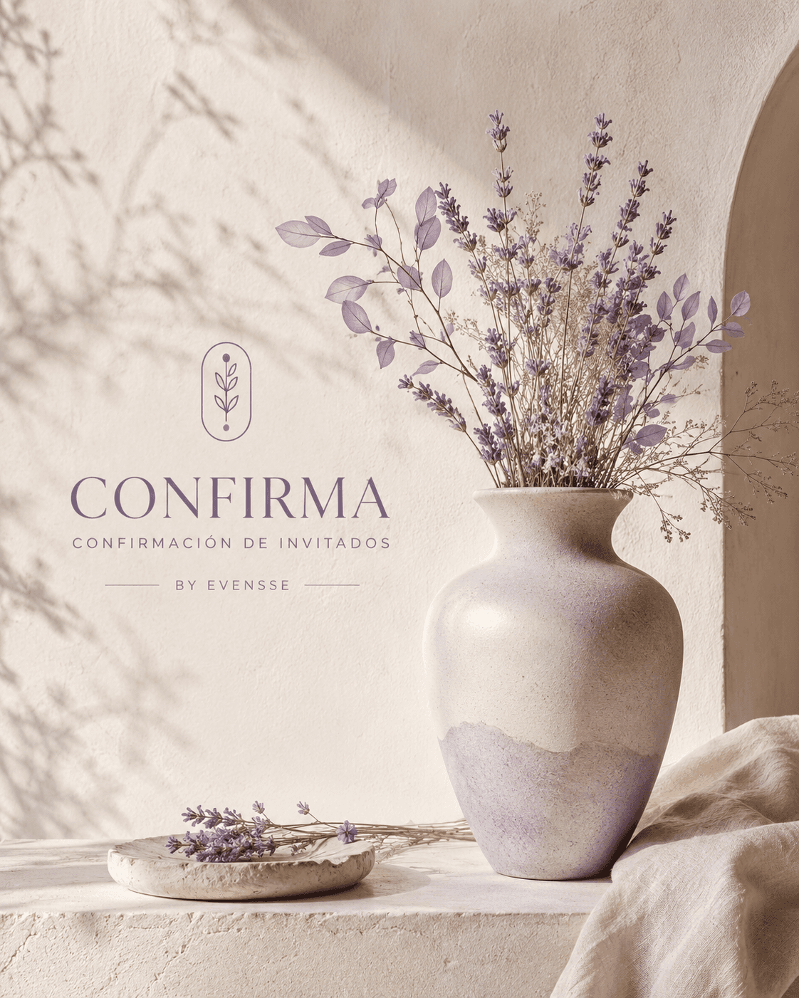 Luxury white ceramic vase filled with abundant lavender and olive branches