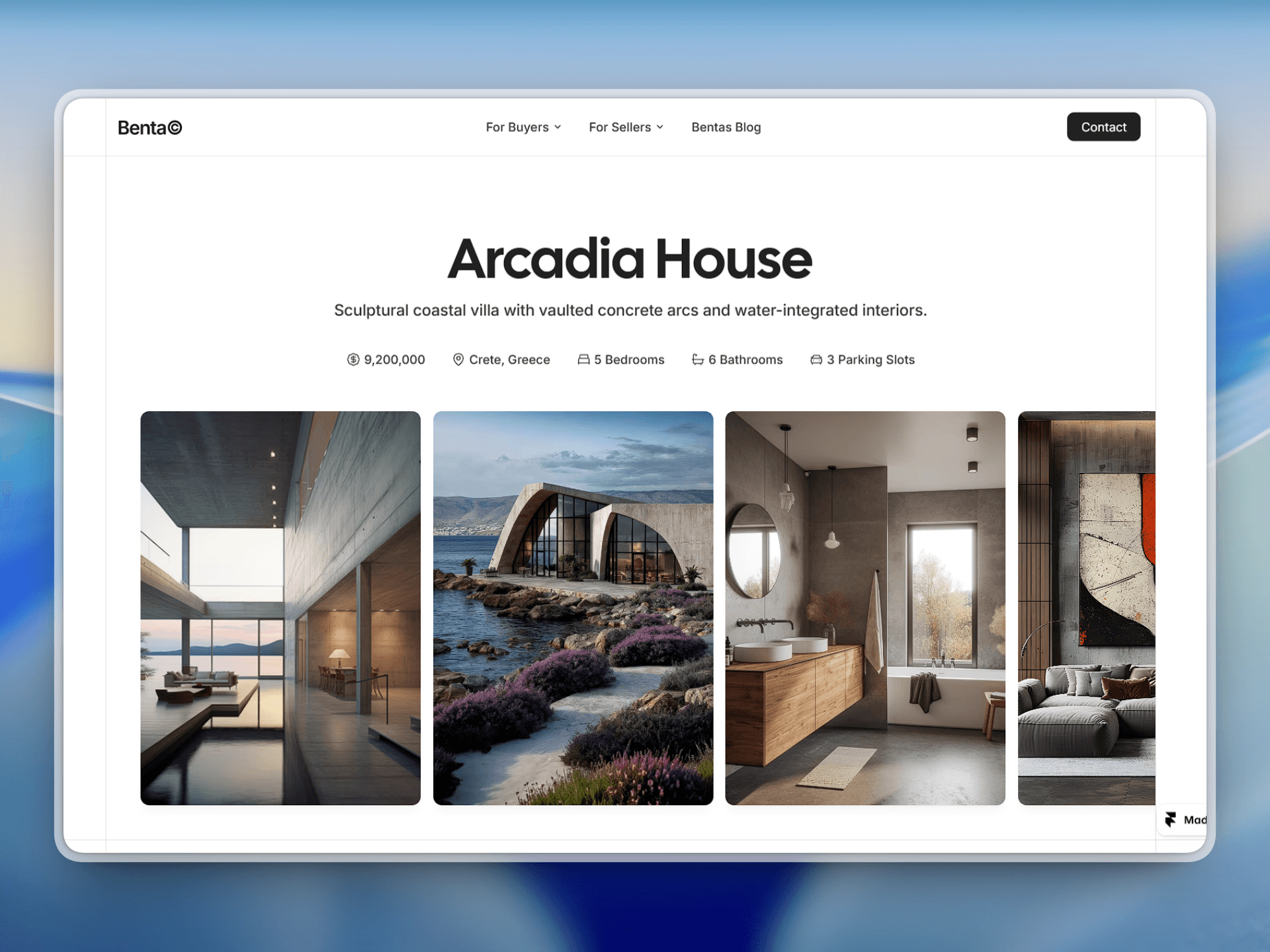 Large testimonial section paired with a full-width photo of a modern interior looking out over a foggy landscape through floor-to-ceiling windows.