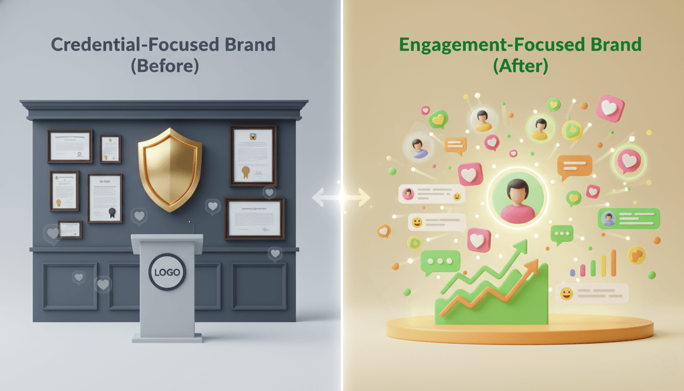 Before/after comparison diagram showing ‘credential-focused brand’ with traditional elements like certificates, awards, and logos paired with low engagement; contrasted with ‘engagement-focused brand’ featuring emotional connection icons such as hearts, user-generated content, community engagement symbols, and upward trending retention curves; visual metaphors illustrate brand transformation and growth.