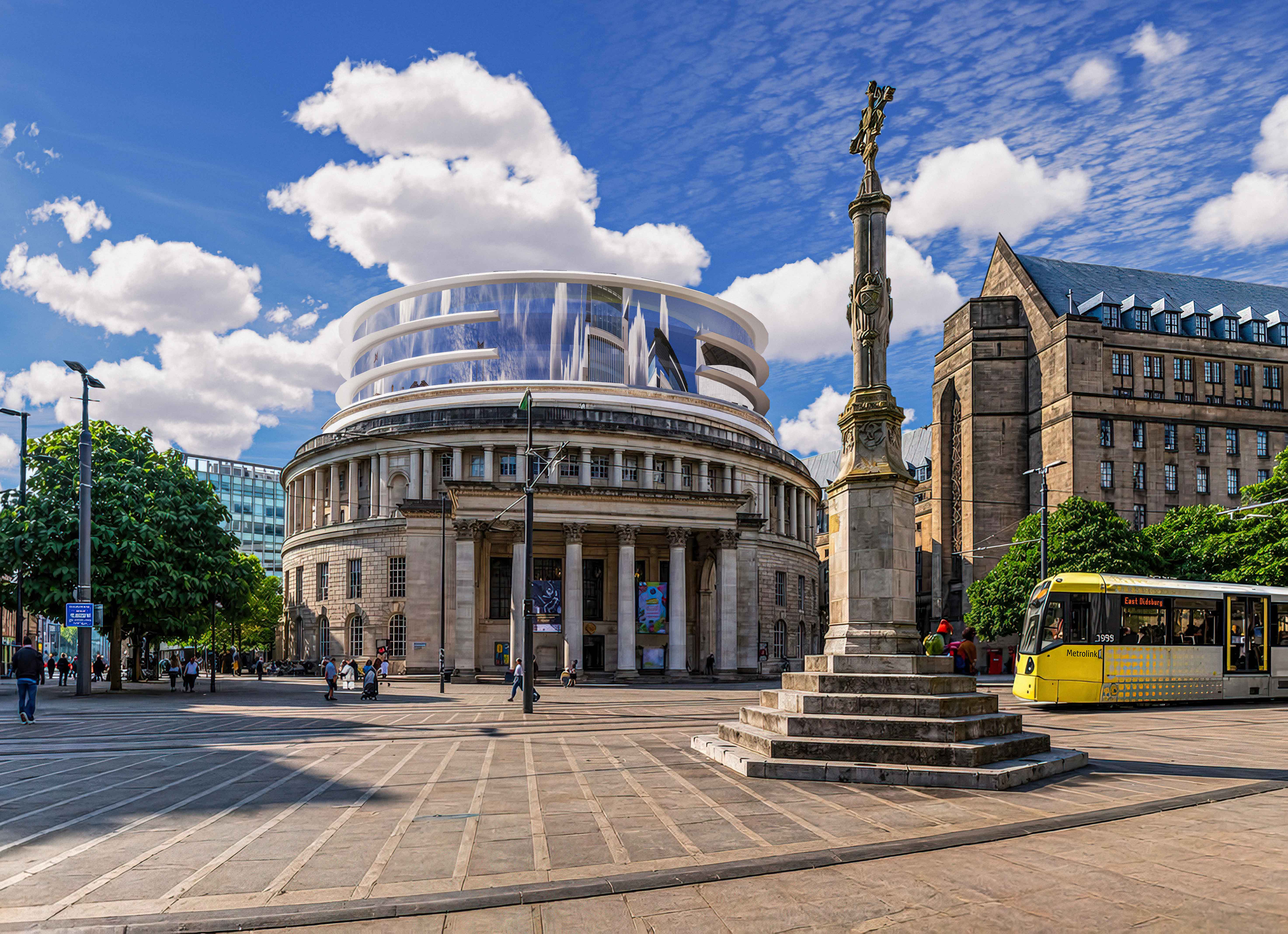 Street-level architectural visualisation of Manchester Central Library in St Peter’s Square with a contemporary glass rooftop extension, pedestrians and Metrolink tram in view. Photorealistic CGI and ArchViz concept by Pixelspaces, showcasing urban design and property development in Manchester.