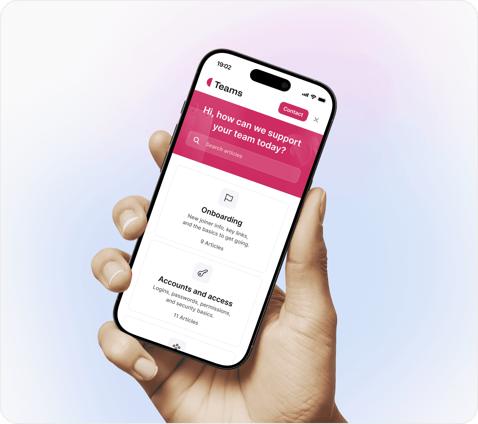 Mobile internal knowledge base showing onboarding and account access documentation.