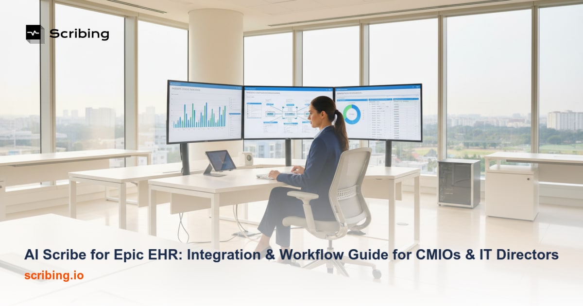Corporate illustration representing AI scribe technology integrated with Epic EHR clinical documentation workflow