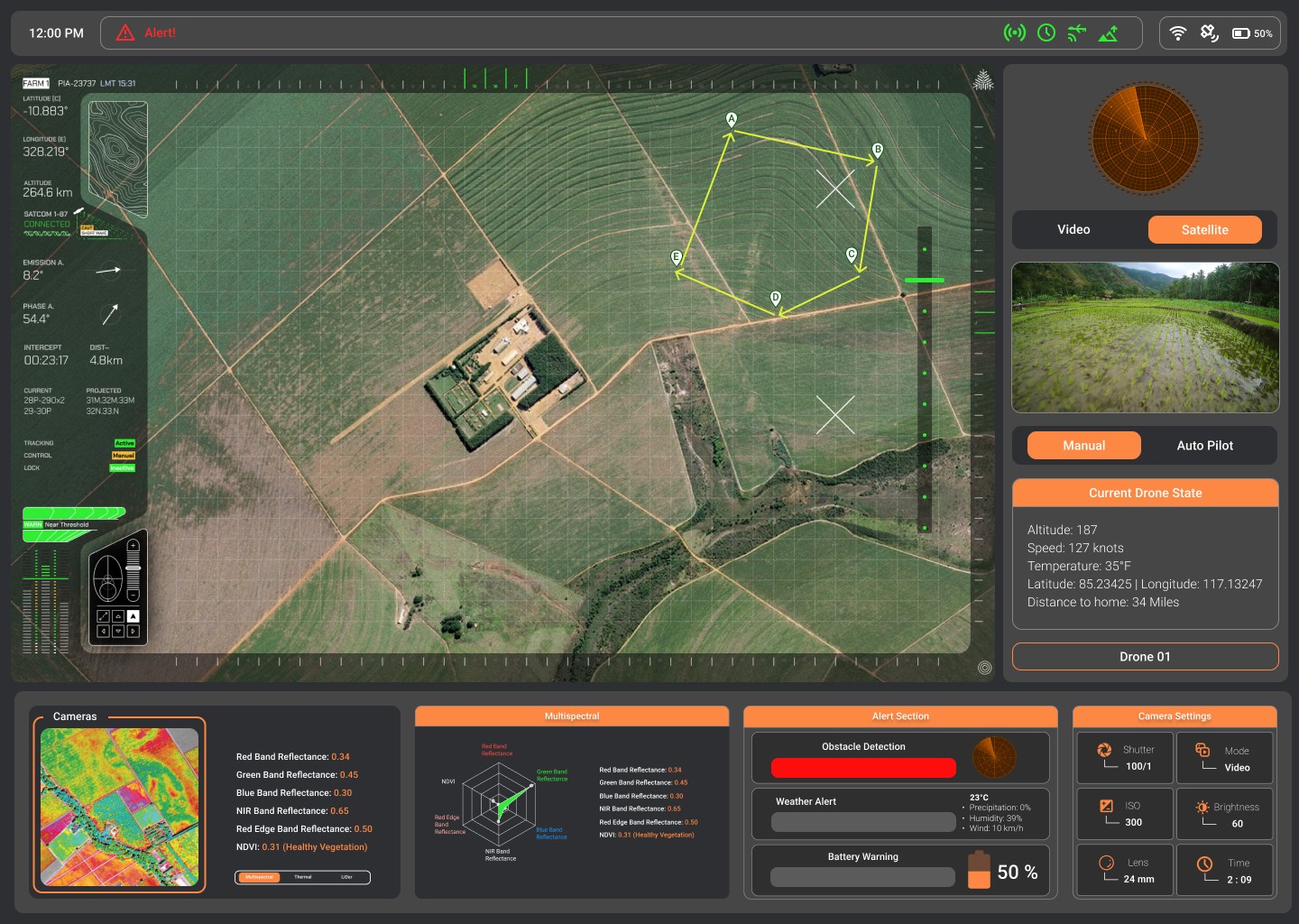 Crop Vision common operating picture: satellite map with the route, drone state, live camera, multispectral analysis, alerts and camera settings