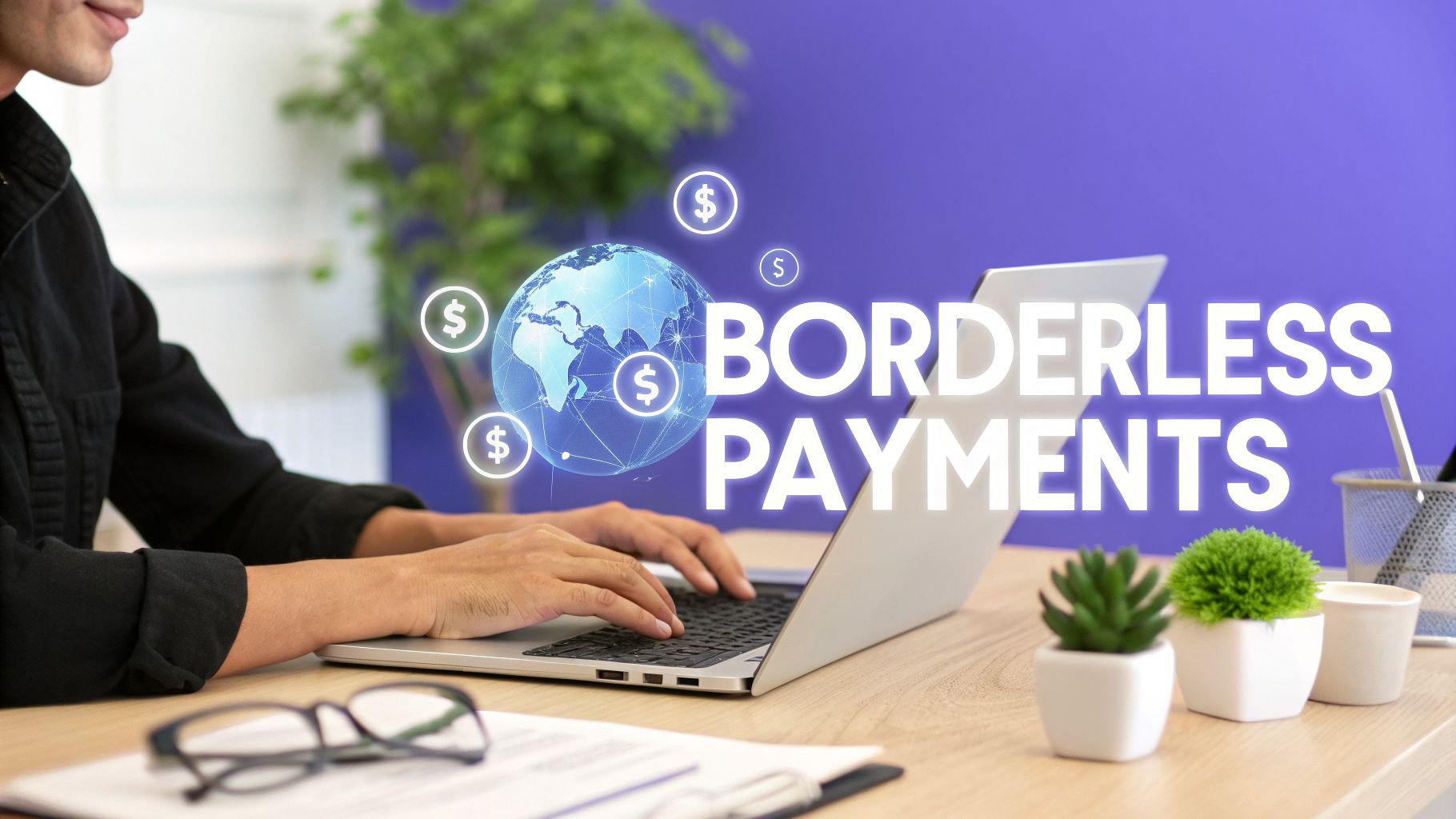 Person typing on a laptop, showing a glowing globe with dollar signs and 'BORDERLESS PAYMENTS' text.