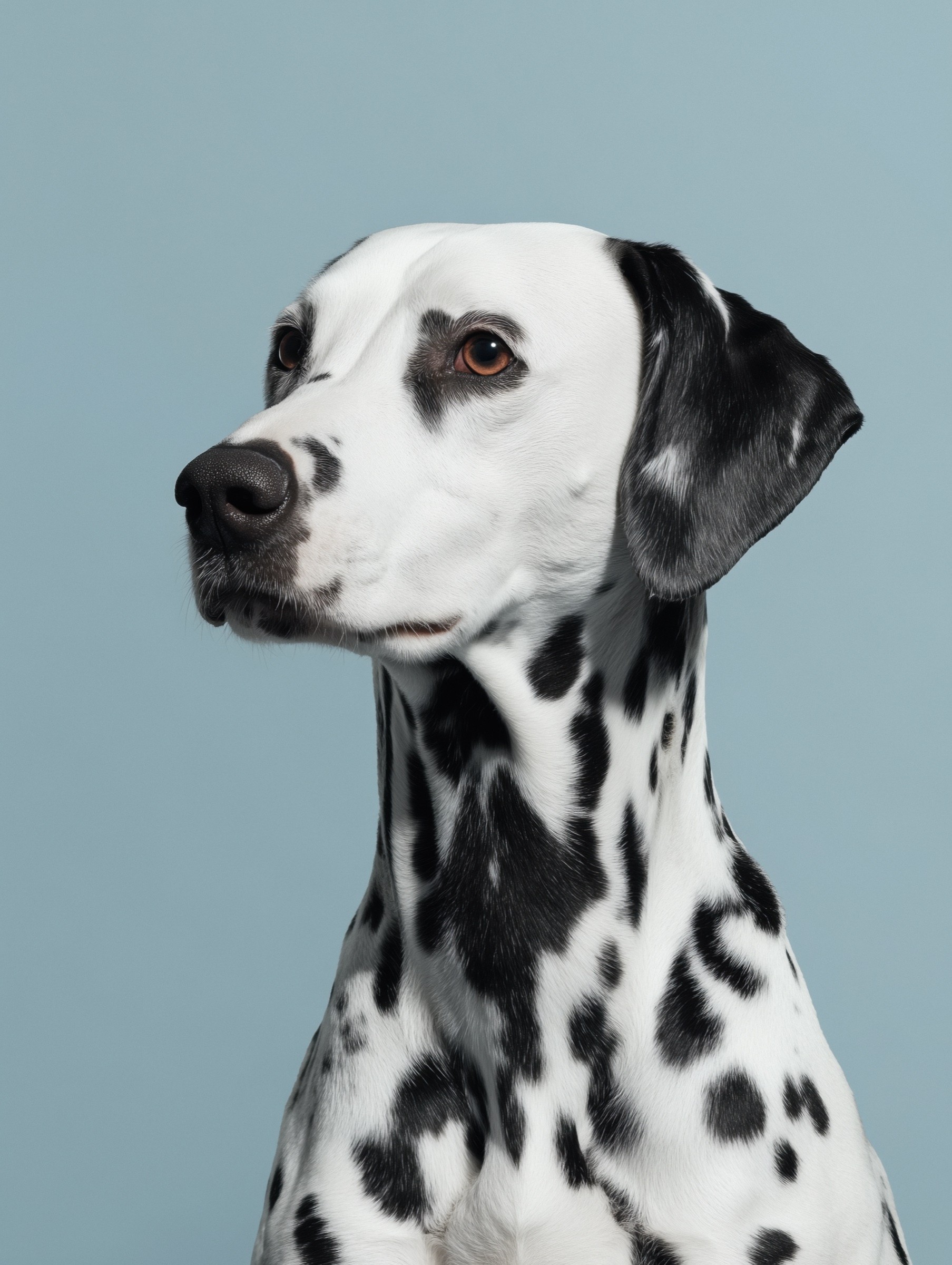 Dalmatian portrait against soft blue background