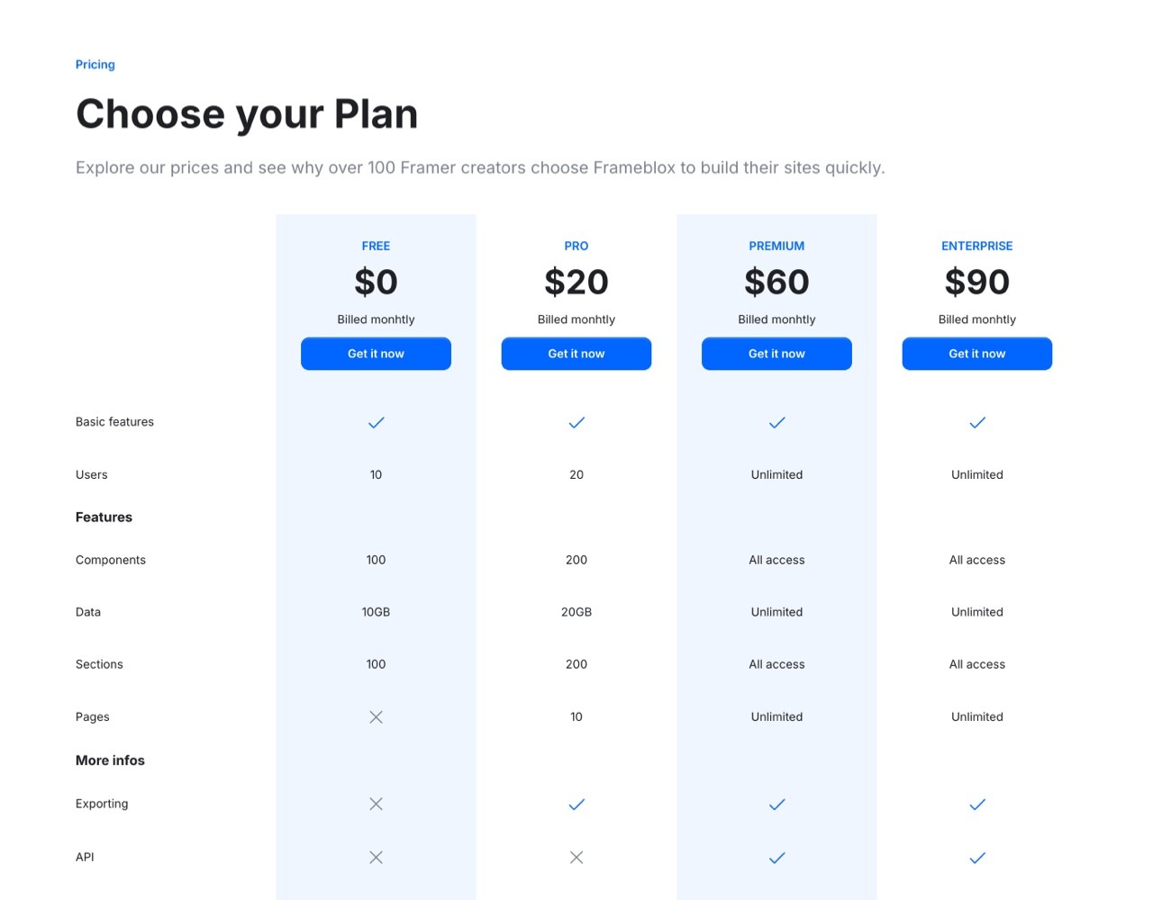 Framer Pricing Section - Frameblox UI