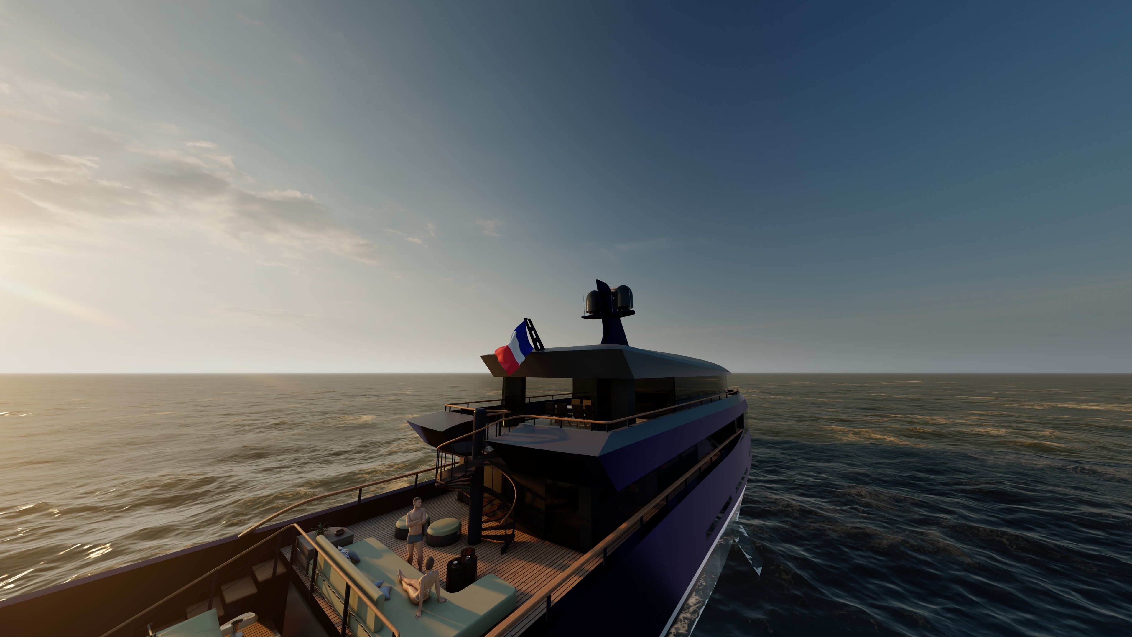 3D visualization of a custom sailing yacht by Ronan Ohier, showing intricate rigging details, deck layout, and elegant hull proportions.