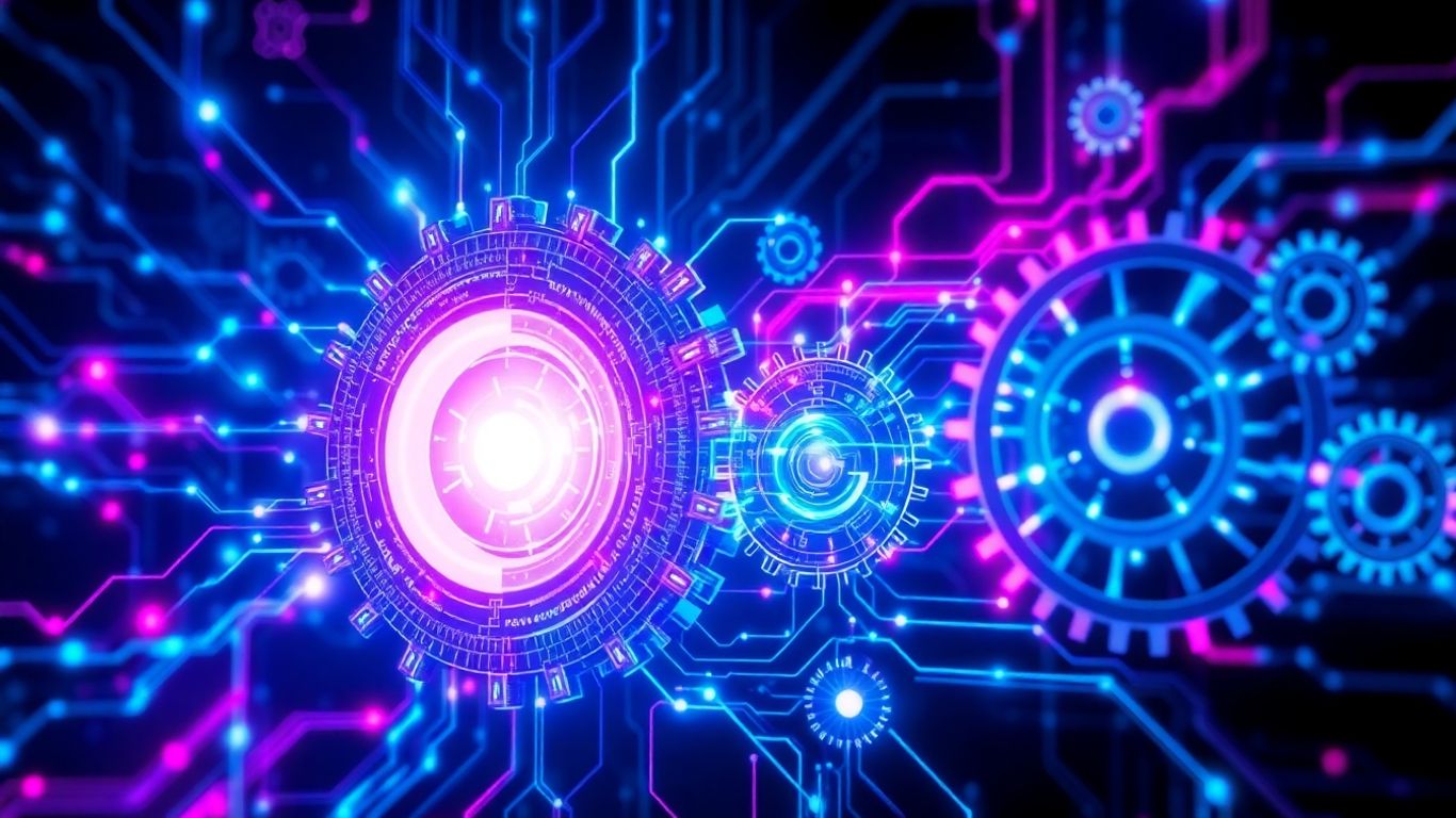 Abstract digital gears and neural networks with glowing lights.