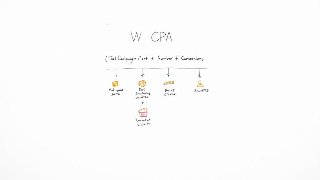 A handwritten diagram showing IW CPA and its components: campaign cost, conversions, ad spend, creative, and salaries.