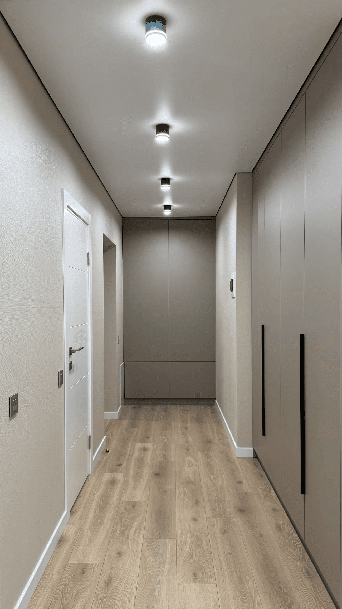 Коридор з вбудованими шафами у мінімалістичному стилі