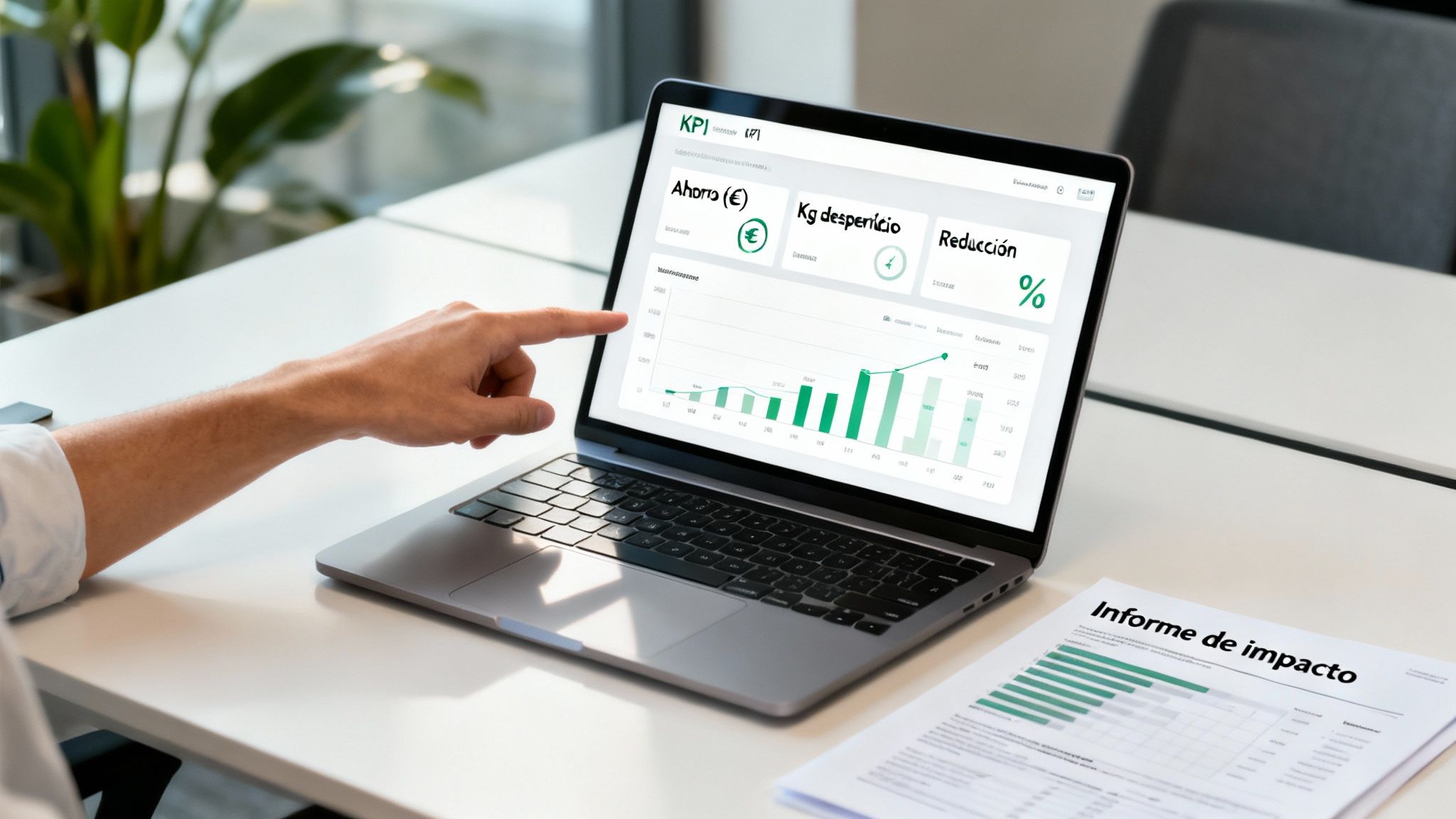 Hombre señalando un informe de KPI de ahorro y reducción de desperdicio de alimentos en un portátil.