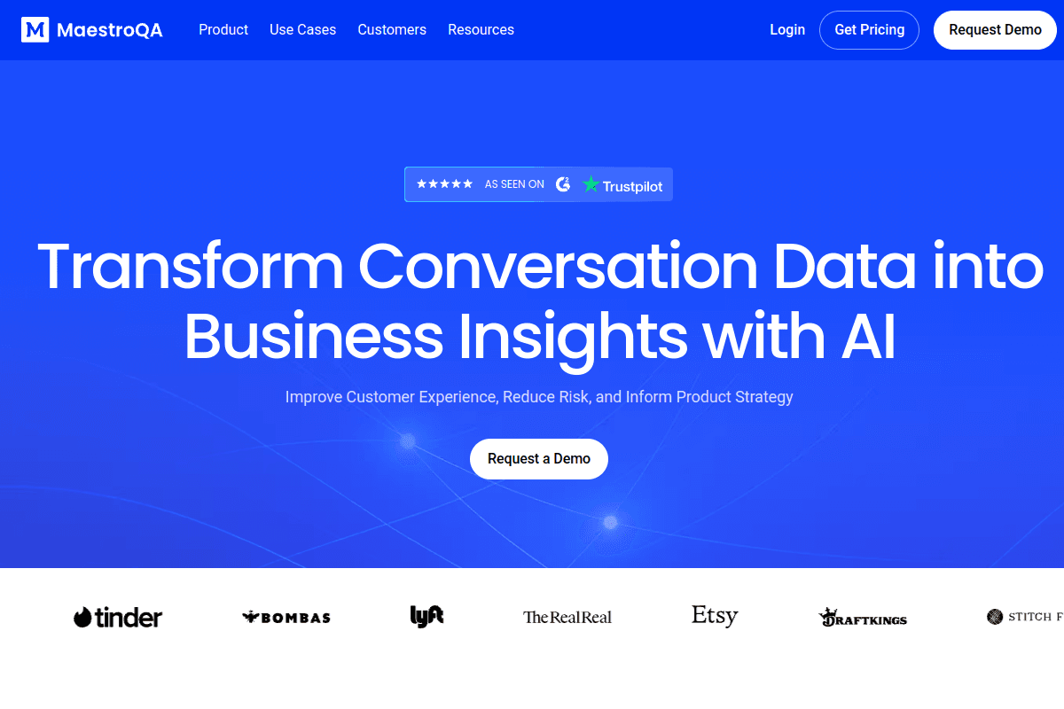 MaestroQA homepage headlined Transform Conversation Data into Business Insights with AI