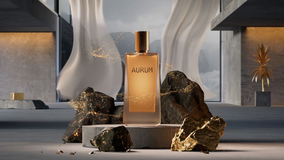 CGI render of a luxury perfume bottle labeled AURUM, surrounded by dark rocks with gold dust particles, set in a minimalist concrete interior with flowing white sculptural forms in the background