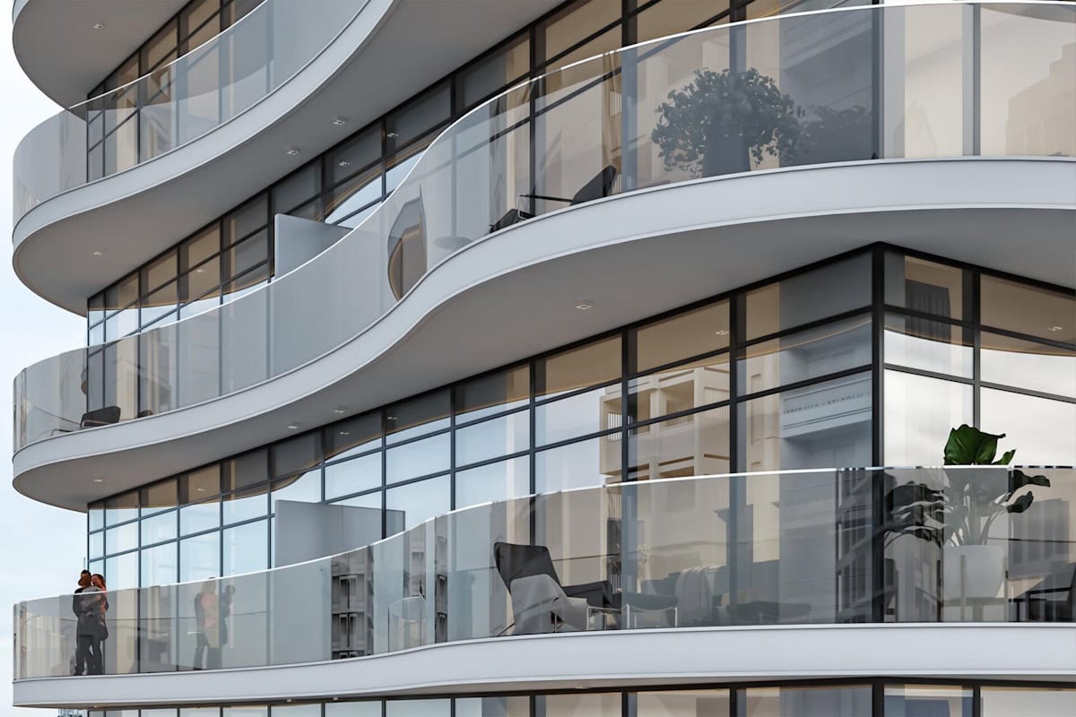 Modern apartment building design featuring sleek lines and contemporary architecture, labeled as Arib Boutique.