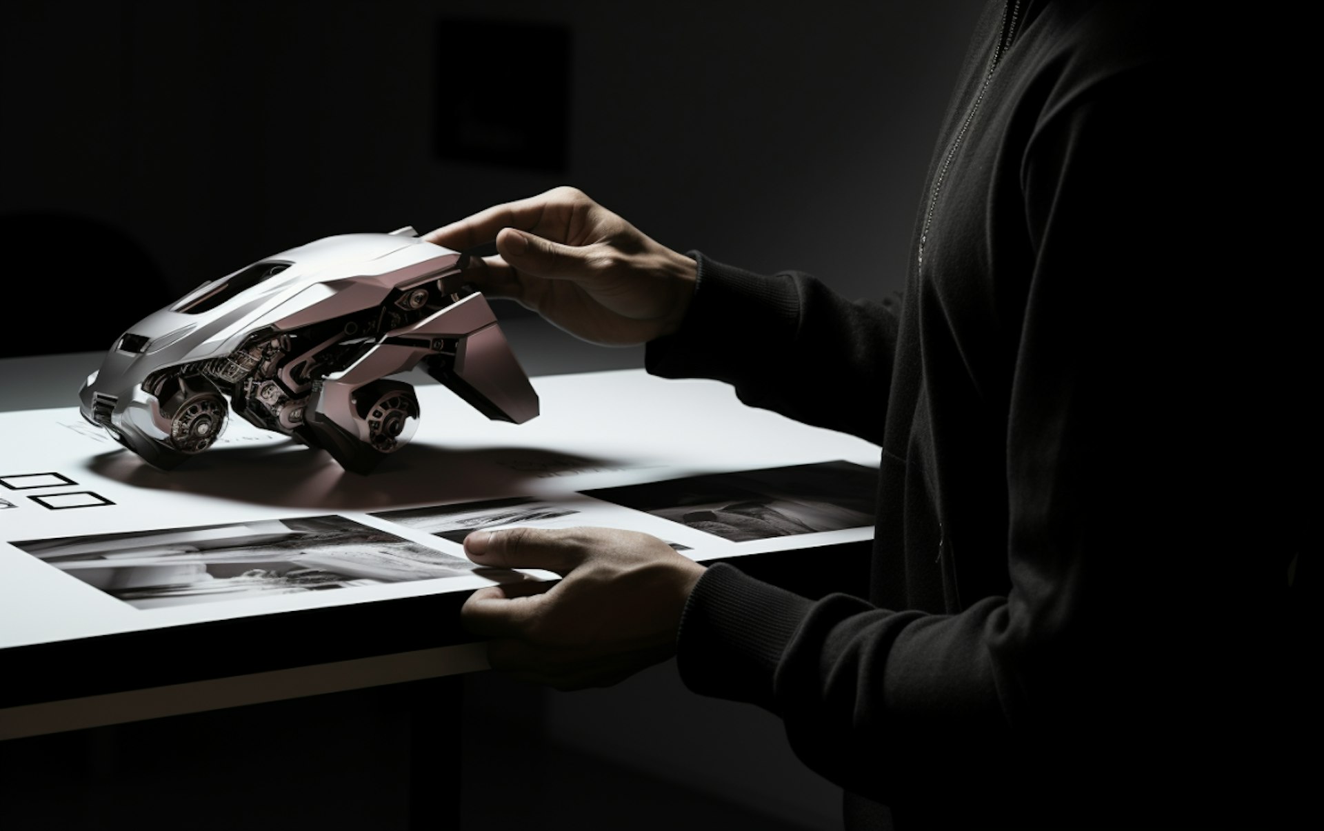 A man repairs a car while holding a camera, capturing the process in a detailed automotive workshop setting.