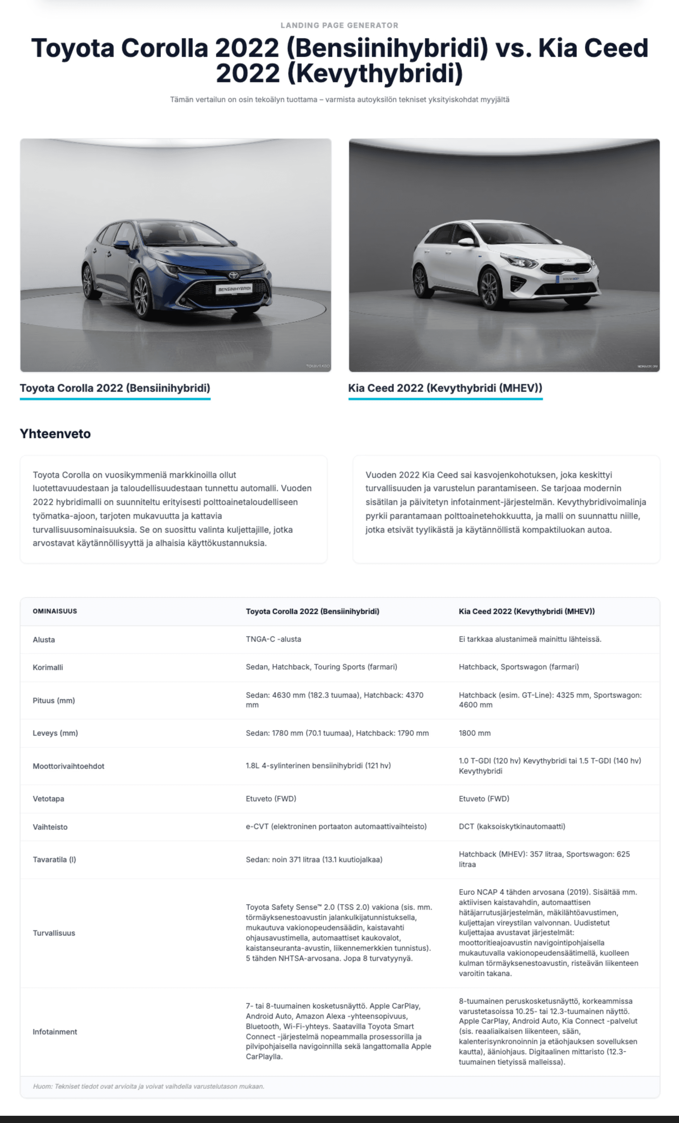 Example of a vehicle model comparison page generated with Google Gemini