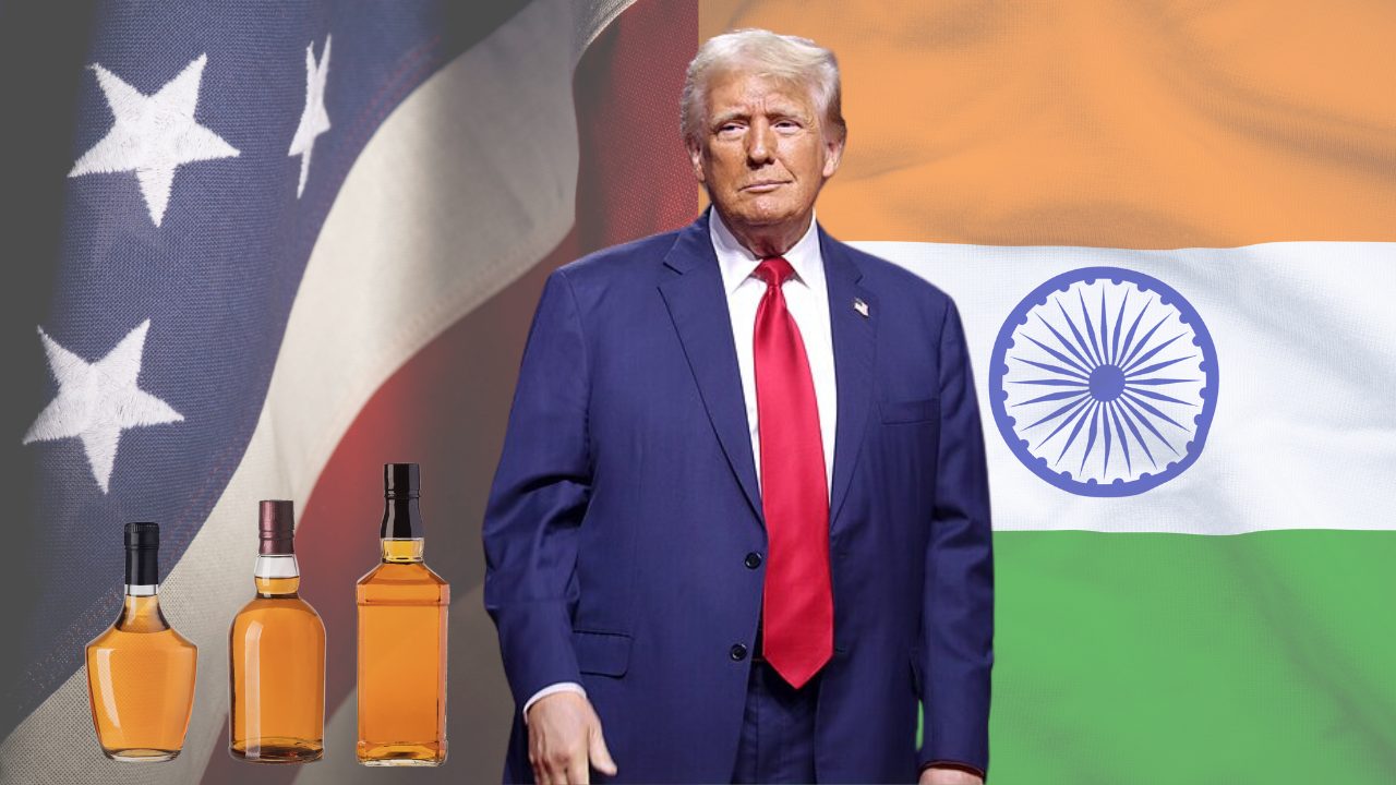 india and american flags with Donald Trump & bourbon whiskey bottles custom image