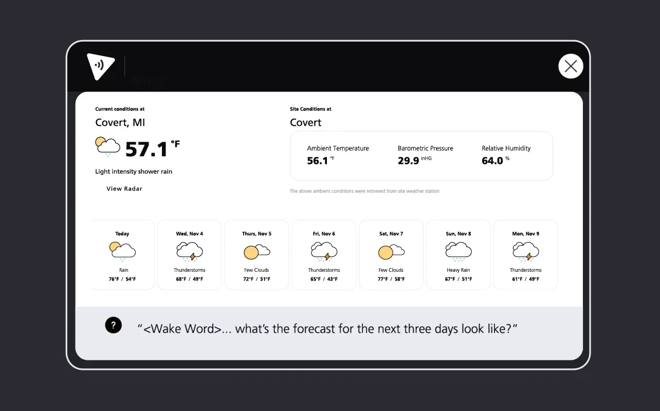 Weather interface flagging severe conditions and approaching events near a plant.