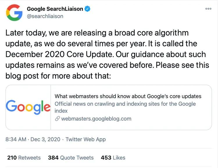 A Twitter post showing the Google December 2020 Core Update
