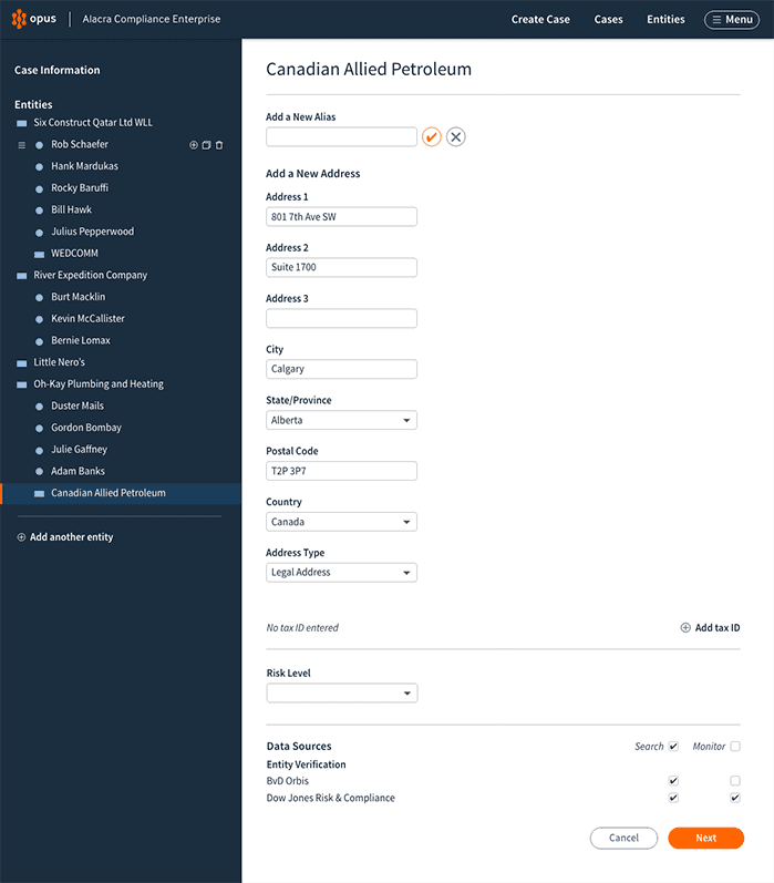 A high fidelity user interface mockup showing data entry fields to enter an address for a company named "Canadian Allied Petroleum"