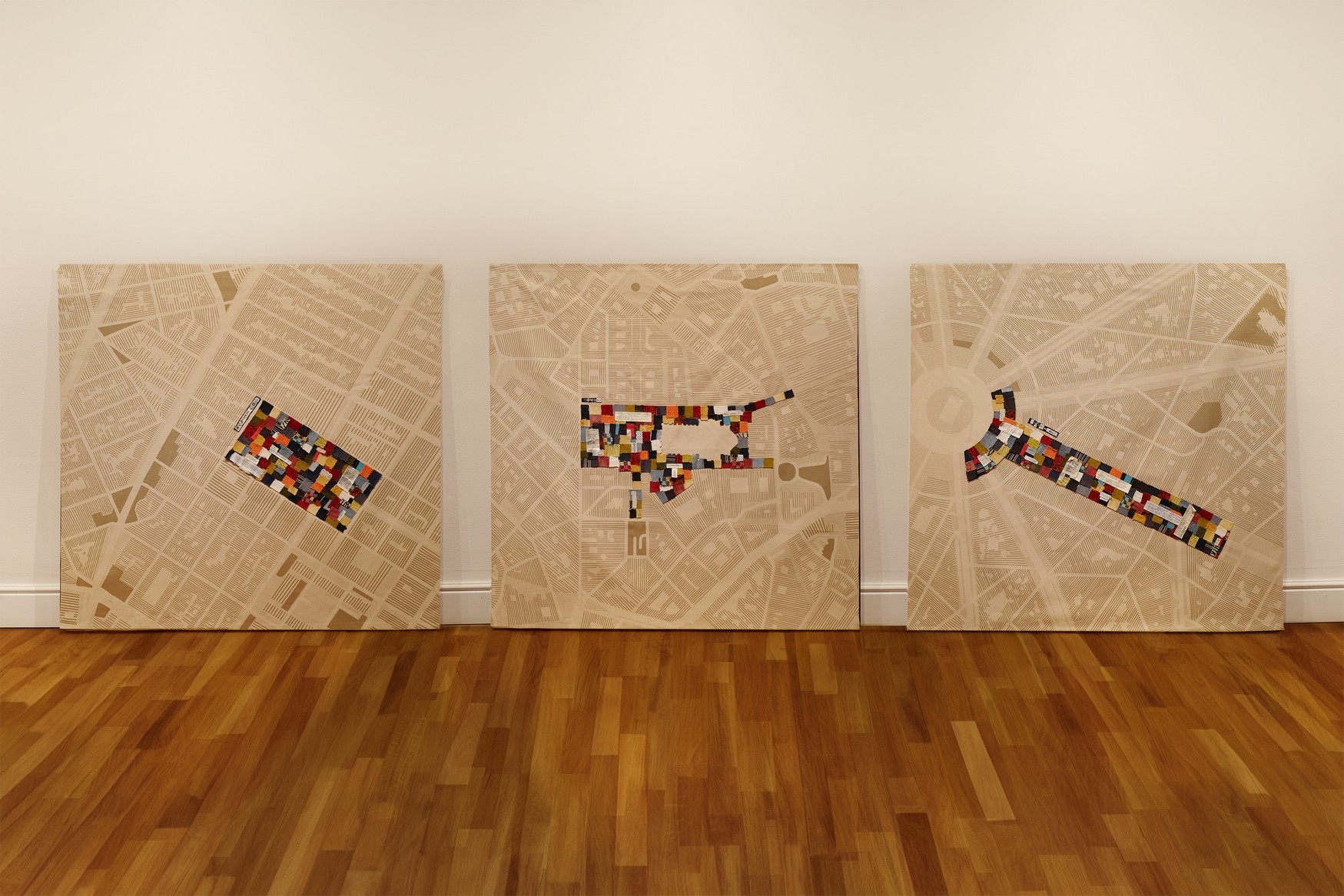 All the 3 textile maps  visualizing fast fashion waste through a patchwork of used clothing scraps