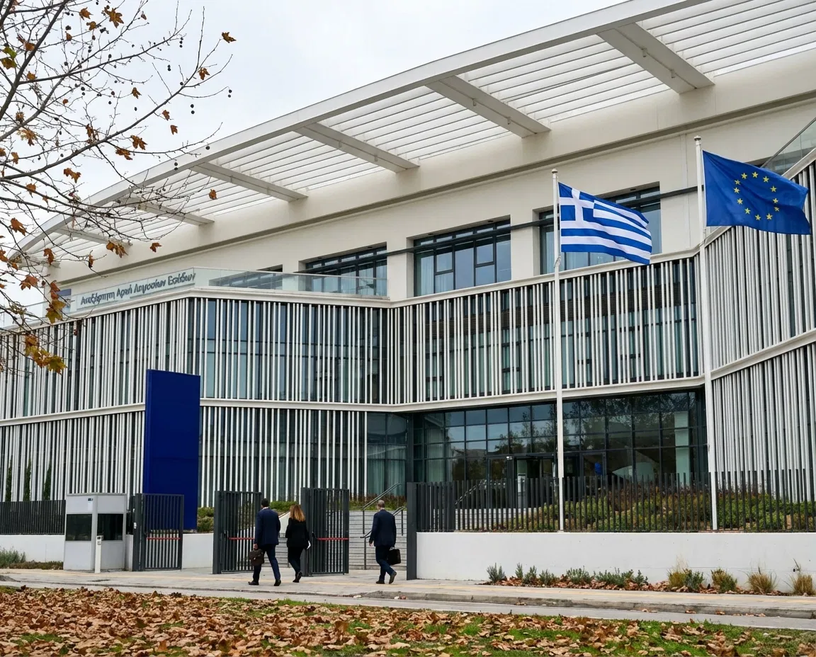 Exterior of a modern Greek government tax authority building.