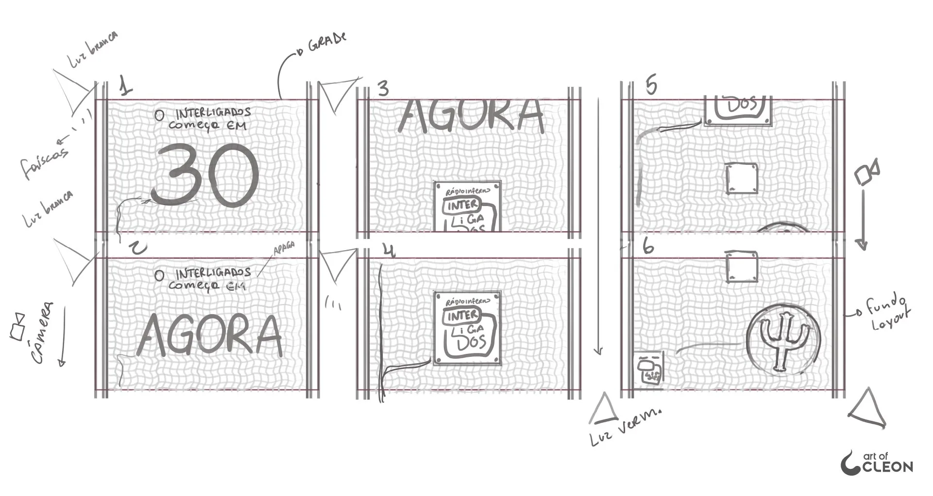Six storyboard panels trace the opening from a thirty-second countdown to the Interligados sign and the radio symbol, with arrows marking downward camera movement and notes for lighting.