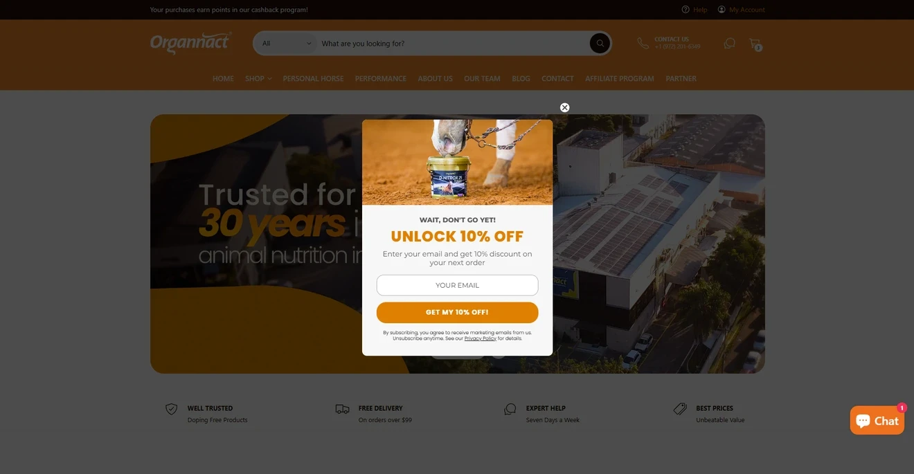 Organnact exit-intent email opt-in popup offering 10% off the next order