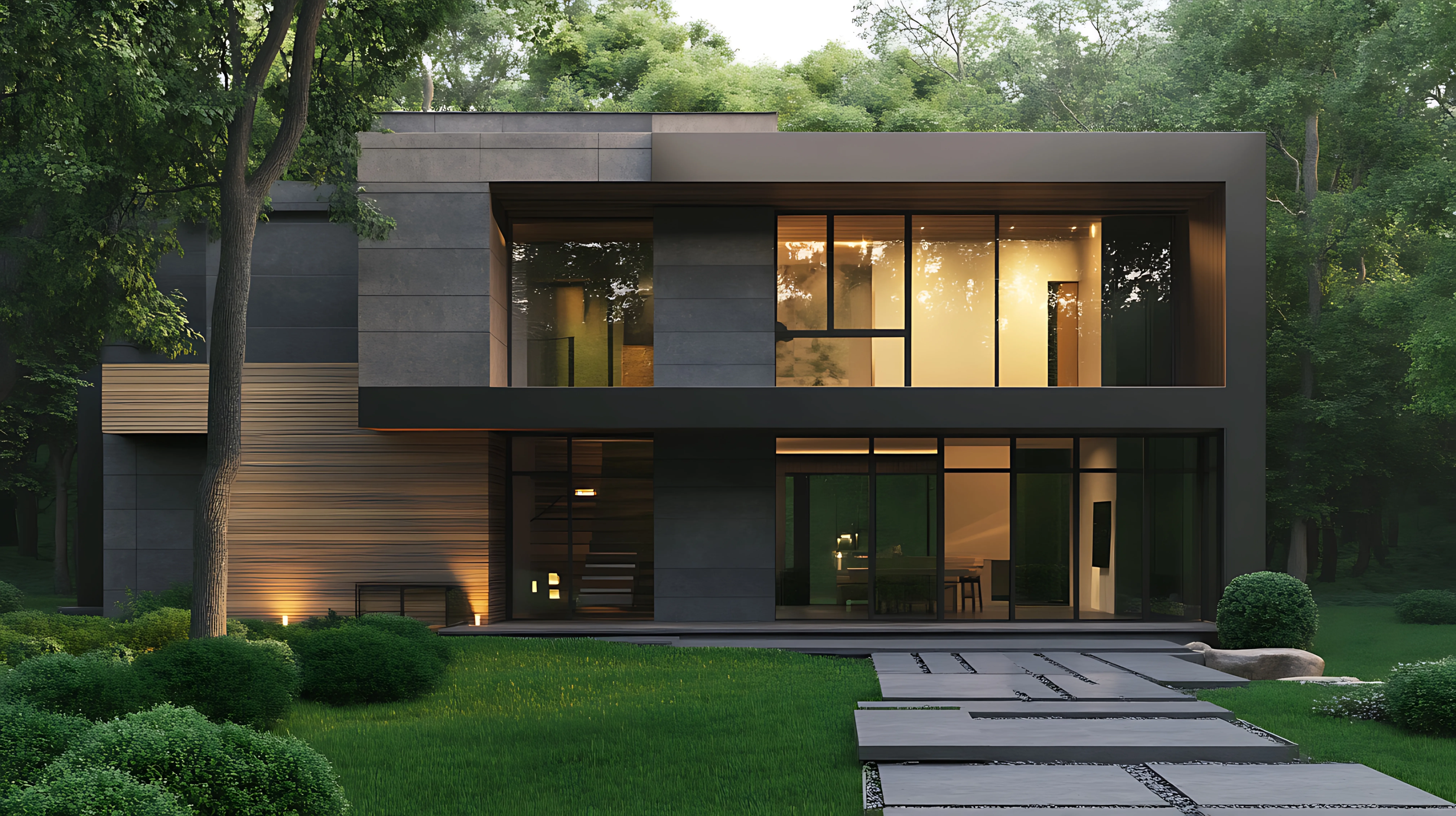A high-end, two-story modern residential villa at dusk, nestled within a lush green forest. The house features a flat roof, large floor-to-ceiling glass windows revealing warm interior lighting, and a facade composed of dark gray concrete and light wood paneling. The manicured lawn in the foreground includes a stone walkway and soft outdoor ambient lighting.
