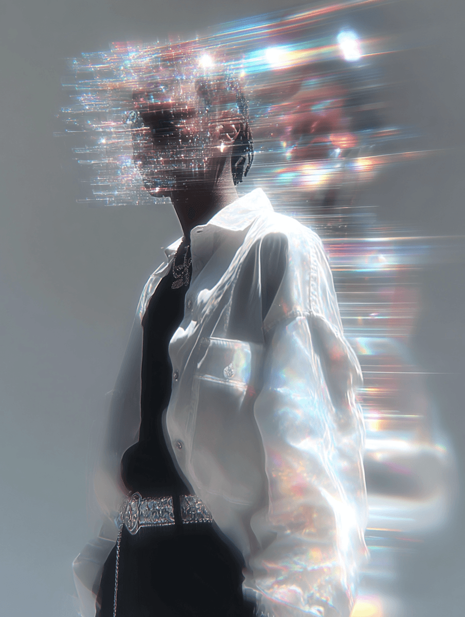 A blurred figure in formal attire, appearing distorted with wisps of light and color surrounding them.